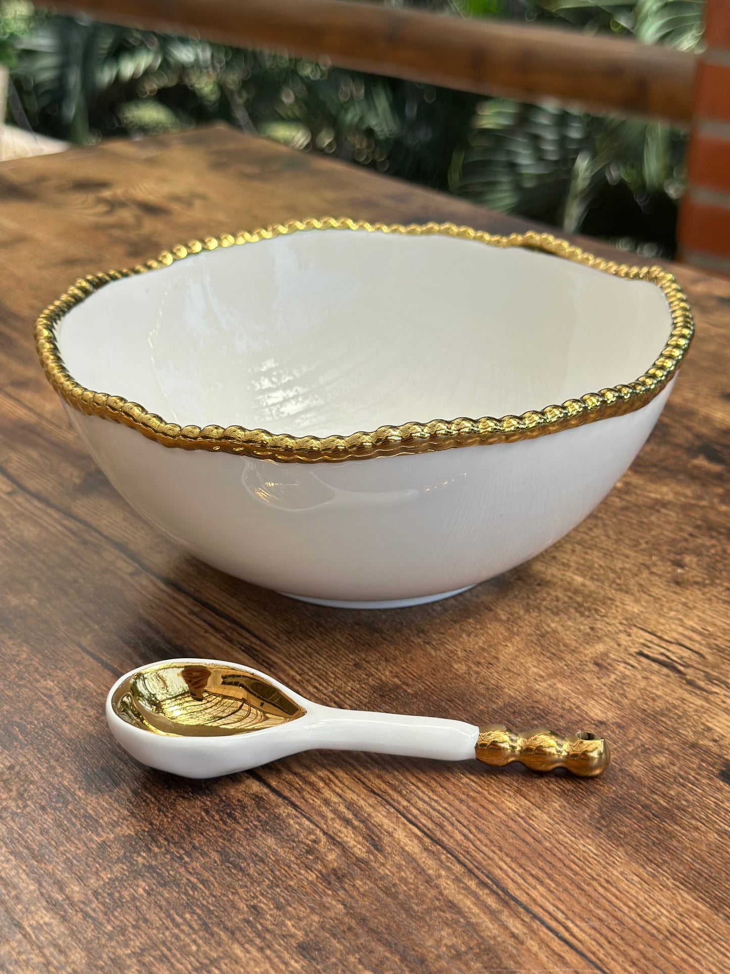 NA-BA-026 Bowl + Cuchara Borde Dorado en Bolas