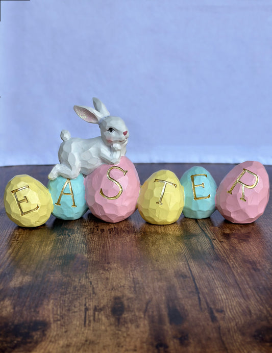 EA-DE-143 Huevos de Colores con Conejo Blanco. Letrero EASTER