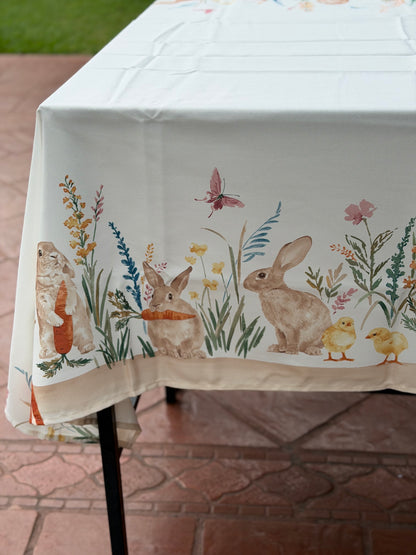 EA-MA-006 Mantel Beige con Conejos y Pollos, Borde Cafe