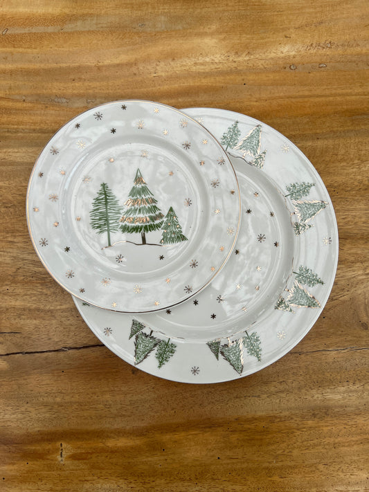 NA-PL-003 Vajilla Pinos, Copos Dorados x 8 Puestos & Set de Te Navidad