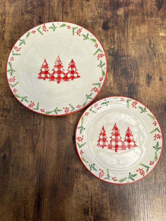 NA-PL-063 Plato Principal y de Ensalada Pinos Rojos Navidad. Set x 4