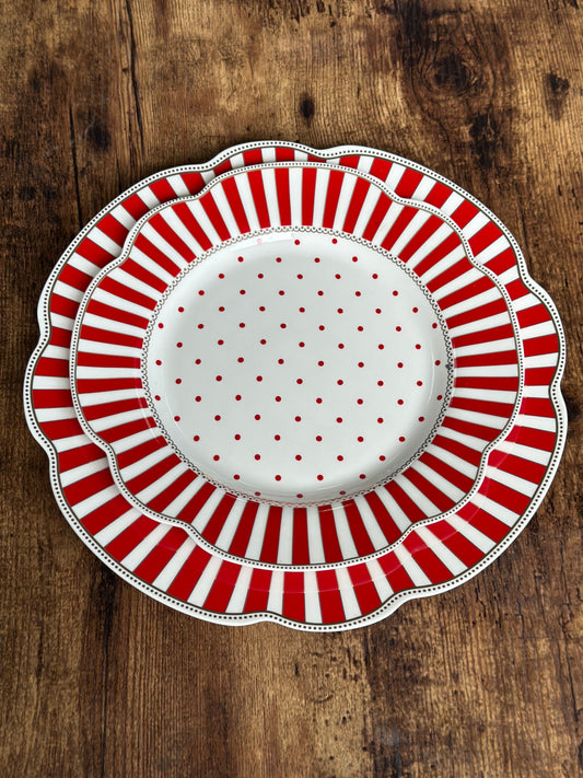NA-VA-017C Plato Mediano Rojo y Blanco Rayas y Puntos. 8 Puestos
