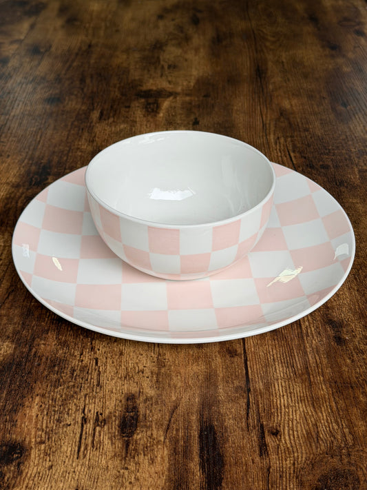 NA-PL-097 Plato & Bowl Ajedrez Rosa.8 Puestos