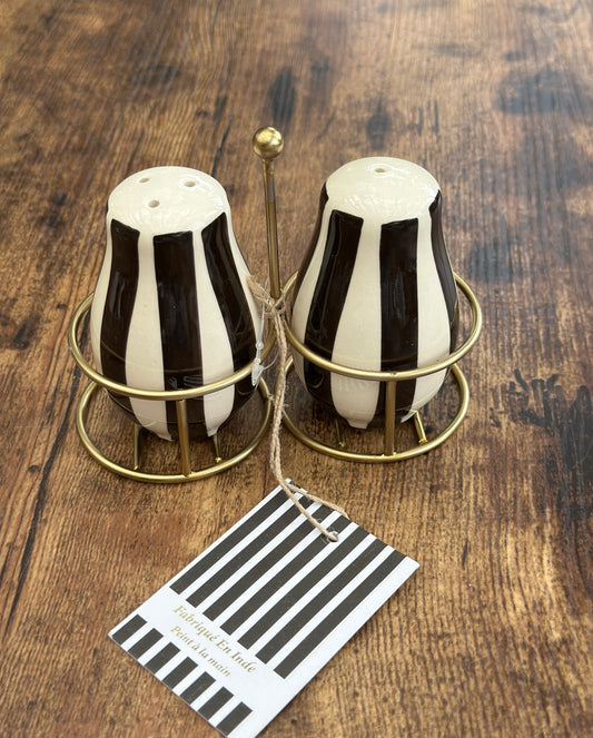 NA-SP-013 Salero / Pimentero  Rayas Blancas & Negras Borde Dorado